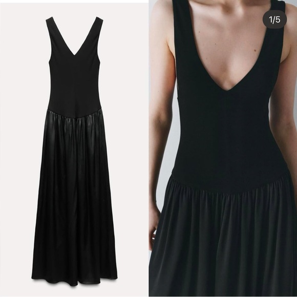 Zara Dresses & Skirts - Zara Black Contrast Midi Dress V-neck Dropped waist Tonal fabric size S NWT